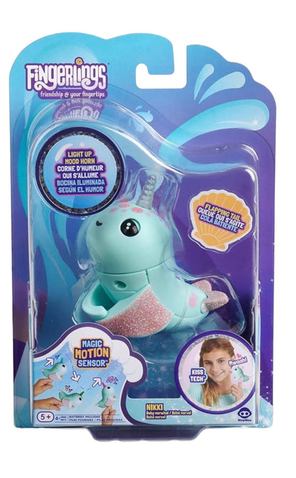 WowWee Fingerlings Light Up Narwhal - Nikki (Turquoise) - Friendly Interactive Toy