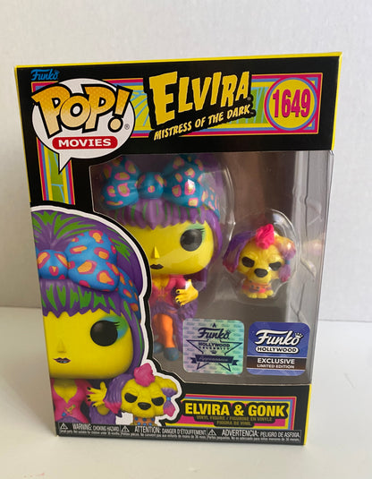 Funko Pop! Elvira & Gonk Blacklight Hollywood Exclusive with Celebrity Sticker Funko Pin & Poster